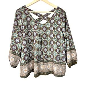 Papermoon Blouse Olive Green Purple Geometric Criss Cross Back‎ Large Petite LP